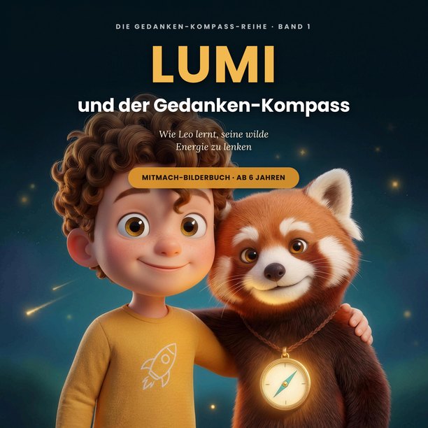 Buchcover: LUMI und der Gedanken-Kompass – Leo und der rote Panda Lumi mit leuchtendem Kompass-Amulett
