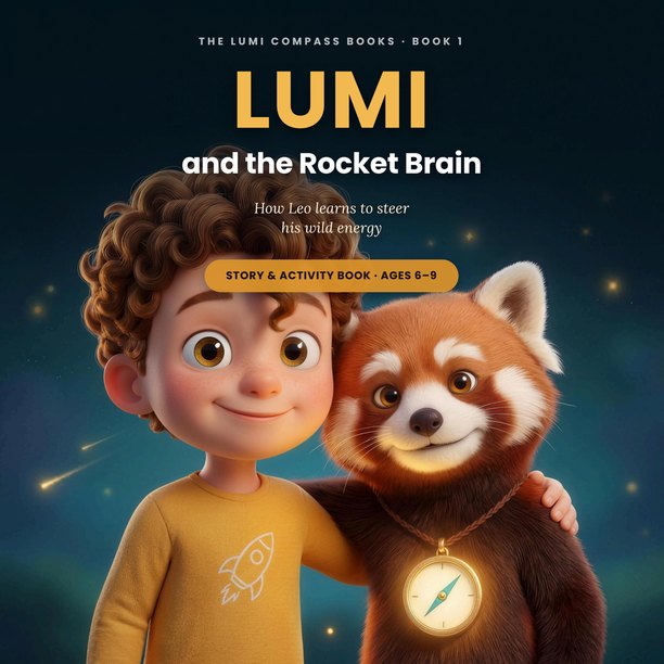 Book cover: LUMI and the Rocket Brain — Leo and the red panda Lumi with his glowing compass locket